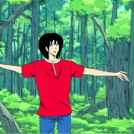 Image similar to a still of a 90s OVA of a man with black hair wearing a red shirt in a forest