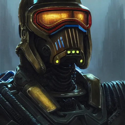 Image similar to the doomslayer as a realistic scifi cyberpunk knight, closeup portrait art by donato giancola and greg rutkowski, vintage retro scifi, realistic face, digital art, trending on artstation, symmetry!!!