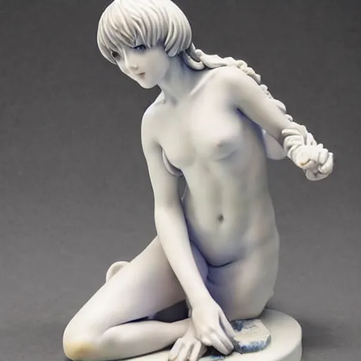 Image similar to renaissance marble statue of kawaii rei ayanami kneeling relaxed wearing flowing robes