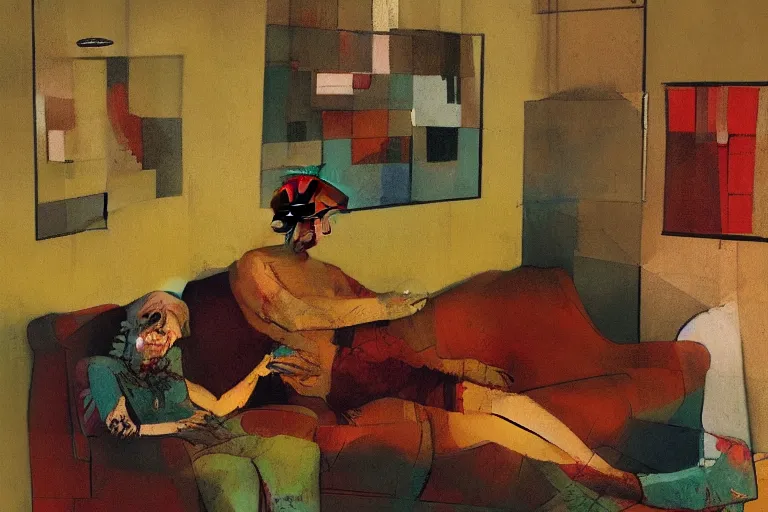 Image similar to old zombie couple on a couch, watching TV, in a small room, small paintings on the wall, light flickering, intricate painting, view from above, wide angle lens, isometric, in the style of mixed media, collage, by Craig Mullins, by Karel Thole!!, by JC Leyendecker, ((by Paul Klee))