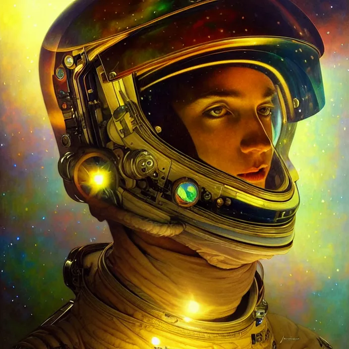 Prompt: astronaut with psychedelic reflections on helmet, diffuse lighting, fantasy, intricate, elegant, highly detailed, lifelike, photorealistic, digital painting, artstation, illustration, concept art, smooth, sharp focus, art by John Collier and Albert Aublet and Krenz Cushart and Artem Demura and Alphonse Mucha