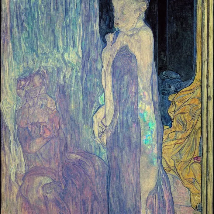 Image similar to woman in transparent vaporous night gown with demonic luminescent white apparition, with city with gothic cathedral seen from a window frame with curtains. nighe, vivid iridescent psychedelic colors, lamps. munch, egon schiele, bosch, bonnard, henri de toulouse - lautrec, utamaro, monet, agnes pelton