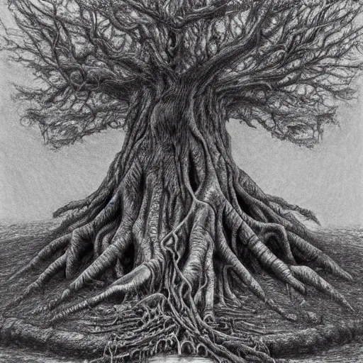 Image similar to a hyper-detailed pencil drawing of a large tree that towers over the heavens, by kentaro miura, stunning masterpiece