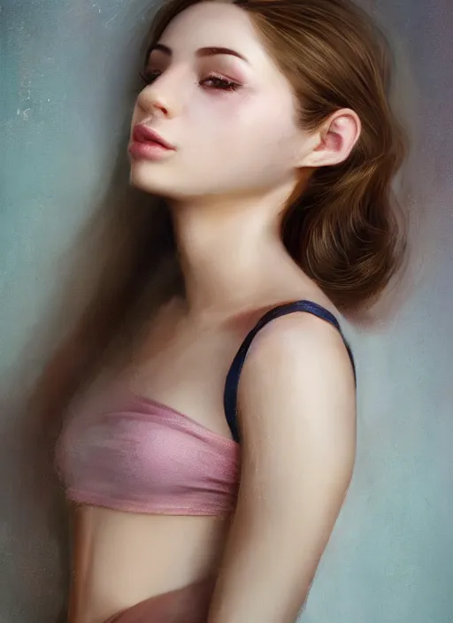 Image similar to a realistic photo portrait of beautiful 👧 with soft 👀 fashion modeling pose, full body, like a professional model, face by WLOP, body by Alex Flores, face symmetry, style of Dan Luvisi, and Charlie Bowater, rendered, cinematic color grading, muted colors, soft light, rule of thirds, cinematic