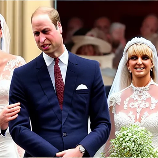 Prompt: detailed close up photos the duke of cambridge prince william marrying american popstar britney spears, happy couple, human, wedding photos on instagram, official photos, wedding photo