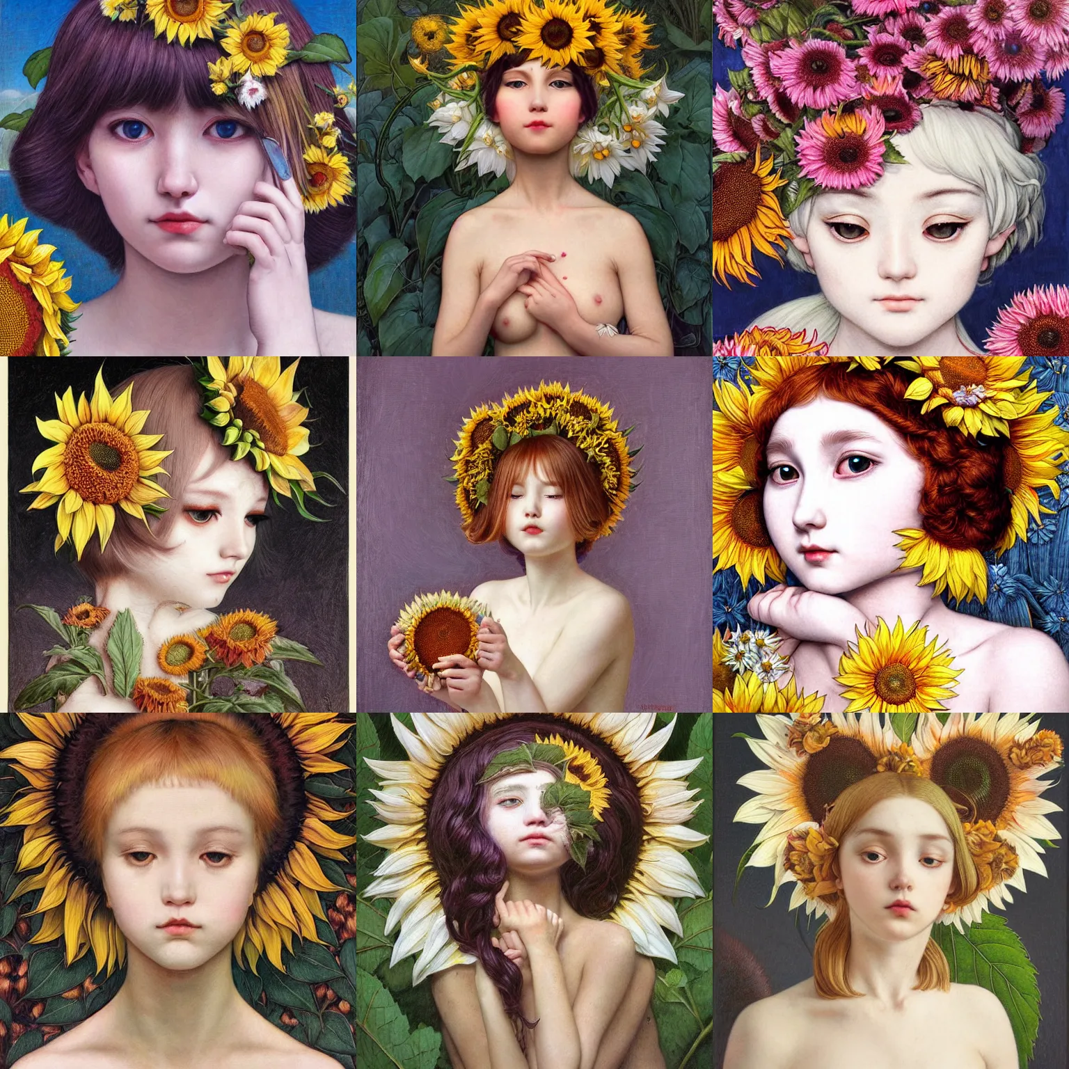 Image similar to white cat girl, botanical, sunflower, portrait face, colorful, frantisek kupka, intricate, miles johnston, kuroda seiki, cynical realism, ozabu, john william godward, painterly, yoshitaka amano, moebius, miles johnston, louise zhang, james jean, mark ryden lowbrow pop surrealism art style