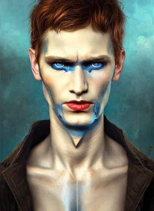 Image similar to a threatening portrait of a burned man with beautiful blue eyes and short brown hair, art by manuel sanjulian and tom bagshaw