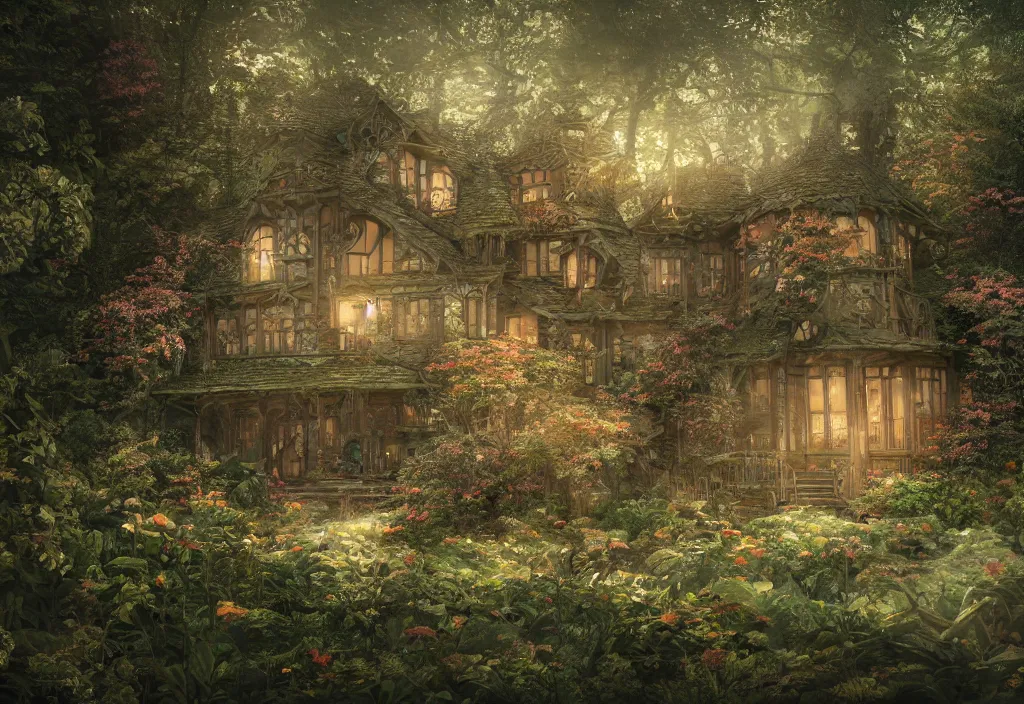 Image similar to a house sitting in a forest, wallpaper, ornate, beautiful, atmosphere, vibe, flowers, concept art illustration, color page, 4 k, tone mapping, doll, akihiko yoshida, james jean, andrei riabovitchev, marc simonetti, yoshitaka amano, digital illustration, greg rutowski, volumetric lighting, sunbeams, particles