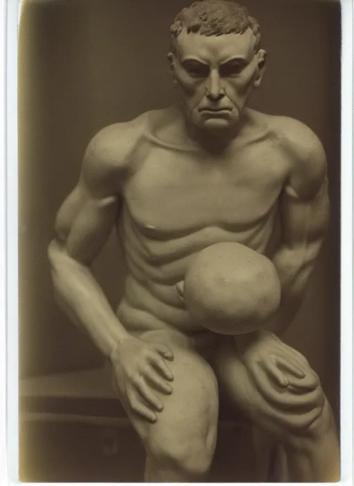 Prompt: an an android with an adult male human looking face is the thinker by auguste rodin, polaroid, flash photography, photo taken in a back storage room where you can see empty shelves in the background, 3 / 4 view portrait head chest and arms portrait of