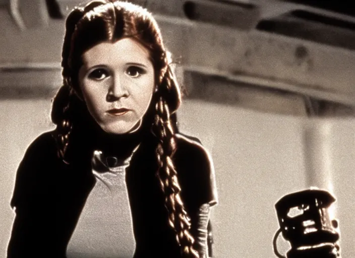 Prompt: promotional image of a young carrie fisher in a heavy metal band in a movie from 1978, rugged black clothes, detailed face, movie still frame, promotional image, imax 70 mm footage