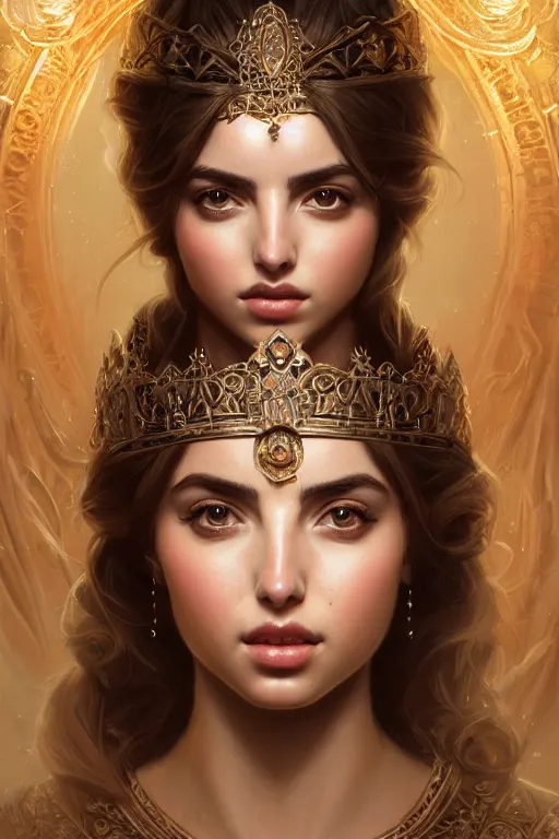 Image similar to highly detailed portrait of ana de armas as an elegant goddess, ornate crown, beautiful symmetrical face, digital painting, artstation, concept art, smooth, clear focus, illustration, greg rutkowski, artgerm, global lighting, detailed and fantasy