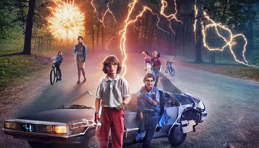 Image similar to eleven from stranger things standing next to the delorean from (back to the future), real life, fire trails behind tires, photoshoot, hyper realistic