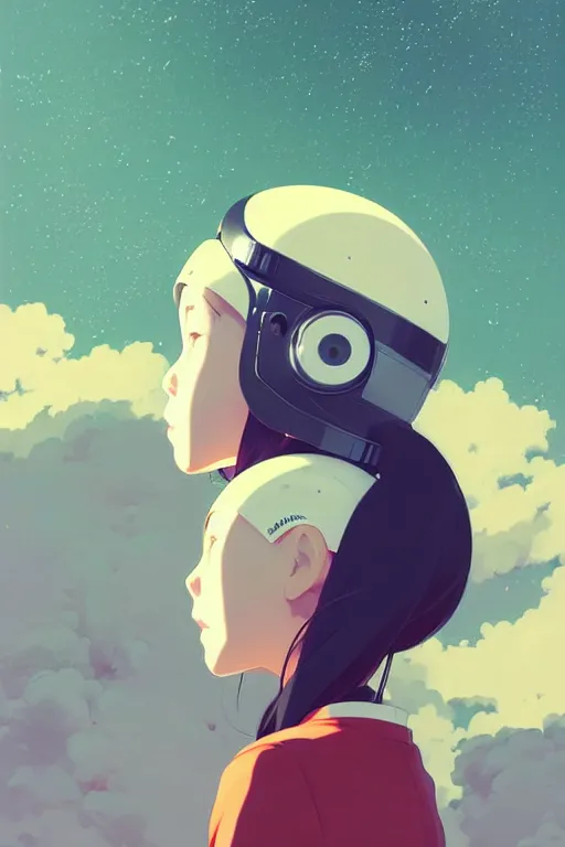 Image similar to portrait of a girl with astronaut helmets by ilya kuvshinov, cloudy sky background lush landscape ln illustration concept art anime key visual trending pixiv by victo ngai fanbox by greg rutkowski makoto shinkai takashi takeuchi studio ghibli