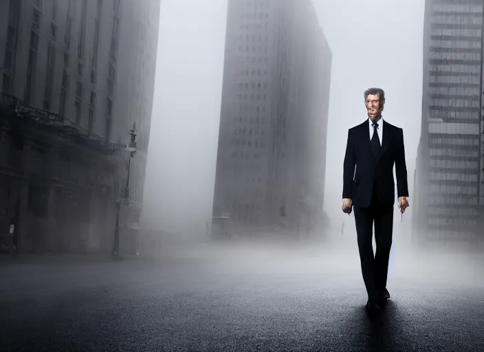 Image similar to film footage of pierce brosnan as giant monster in a foggy city, eerie, 8 k, 8 5 mm f 1. 8, studio lighting, rim light, right side key light