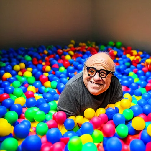 Prompt: danny devito playing in a ball pit, canon eos r 3, f / 1. 4, iso 2 0 0, 1 / 1 6 0 s, 8 k, raw, unedited, symmetrical balance, wide angle