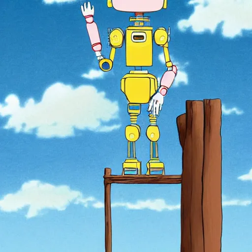 Image similar to A cute cartoon looking robot girl (or guy; your choice), standing and looking up at the sky. Illustration done in parody of works by Hayao Miyazaki.