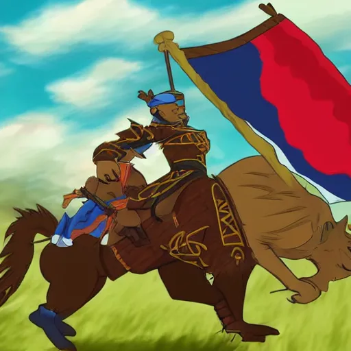 Image similar to a warrior cat carrying his battle flag while riding a large steed cat that is galloping into battle