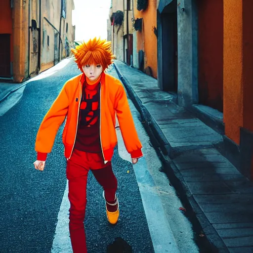 Image similar to orange - haired anime boy, 1 7 - year - old anime boy with wild spiky hair, wearing red jacket, running through italian town, yellow sunshine, sepia sun, strong lighting, strong shadows, vivid hues, ultra - realistic, sharp details, subsurface scattering, intricate details, hd anime, 2 0 1 9 anime