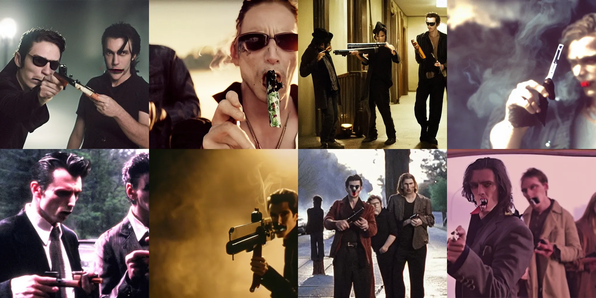 Prompt: Still from Cool Vampires Holding Guns Smoking Cigarettes Movie, well lit, high budget, heavily downvoted