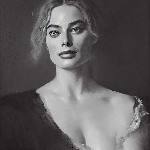 Image similar to portrait of Margot Robbie, antebellum dress, elegant, b&w shading, by Ilya Repin, and Greg Rutkowski