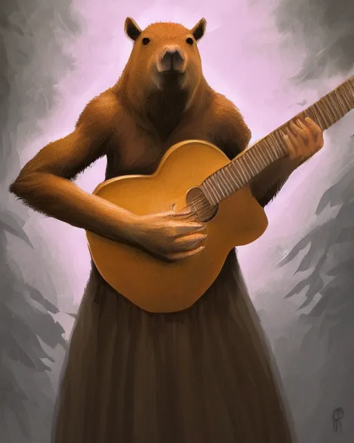 Image similar to Capybara playing Guitar, portrait, dress, magic the gathering artwork, D&D, fantasy, cinematic lighting, centered, symmetrical, highly detailed, digital painting, artstation, concept art, smooth, sharp focus, illustration, volumetric lighting, epic Composition, 8k, art by Akihiko Yoshida and Greg Rutkowski and Craig Mullins, oil painting, cgsociety