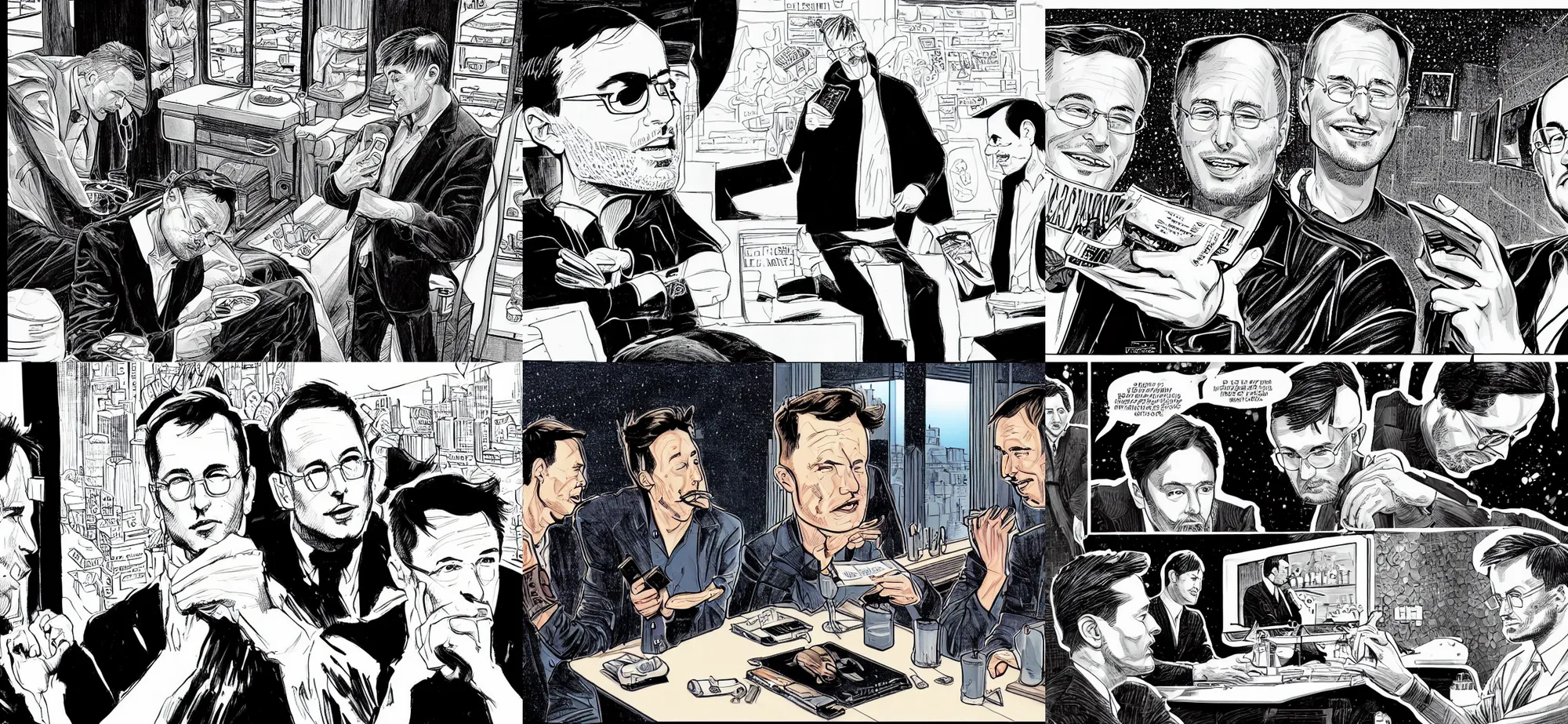 Prompt: A beautiful, stunning, extremely detailed comic book illustration by John Higgins showing Elon Musk and Steve Jobs doing lines in a Hollywood bathroom