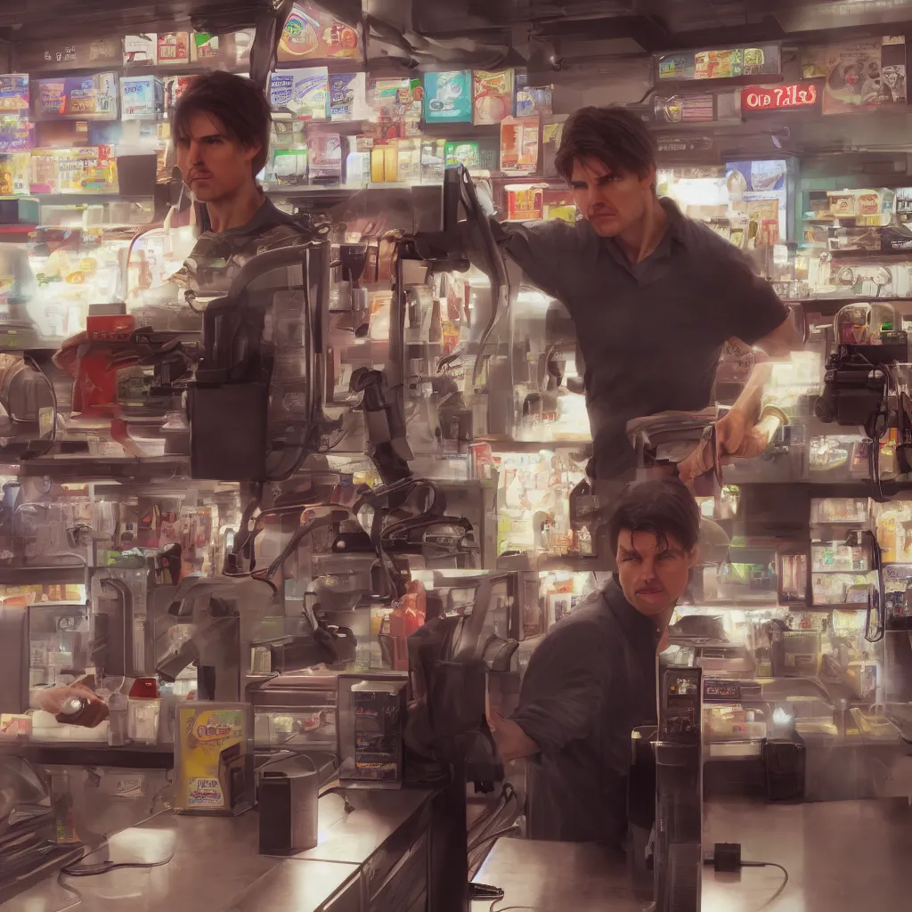 Image similar to Tom Cruise working as a 7/11 cashier, artstation, octane render, 8k, HD