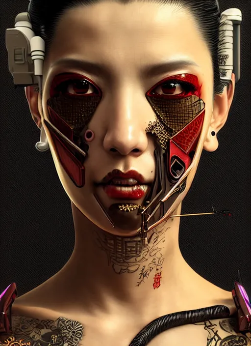 Image similar to portrait of a seductive cyberpunk geisha yakuza raver gutter punk cyborg bioweapon, golden ratio, details, sci - fi, dark fantasy, cyberpunk, intricate, decadent, ornate, highly detailed, digital painting, octane render, 8 k, artstation, concept art, smooth, sharp focus, illustration, art by artgerm, loish, wlop