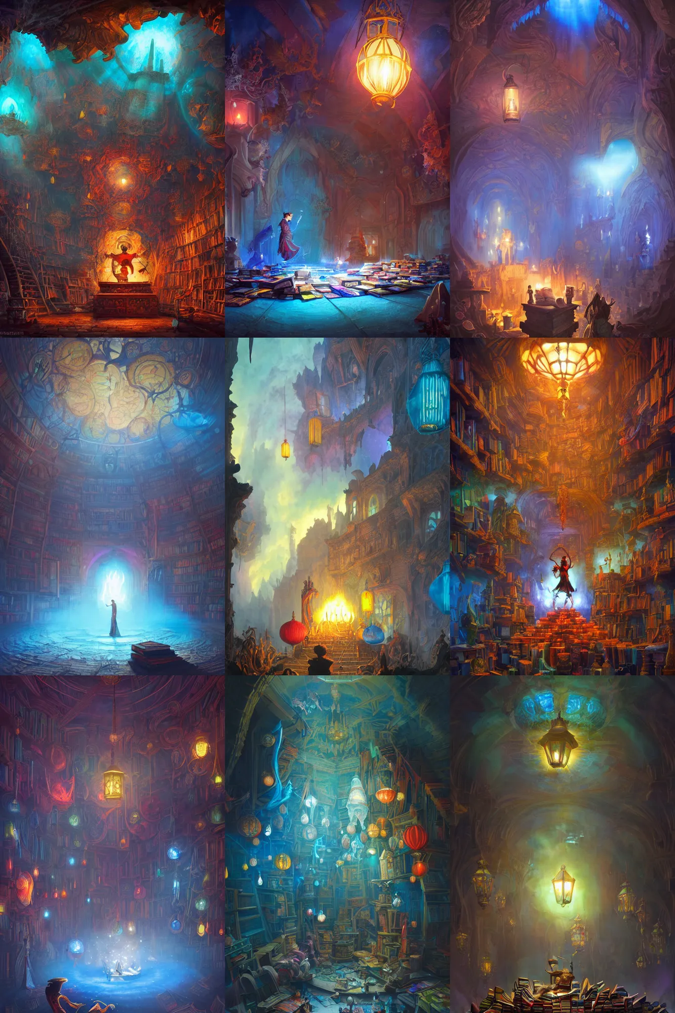 Prompt: A Magician's chamber, filled with books, magic artifacs and magic weapons, lanterns, light from above, blue toned, low angle view, many colors, colorful, all colors, highly saturated colors, greg rutkowski, fantasy, detailed illustration, hd, 4k, digital art, overdetailed art, concept art, trending on artstation