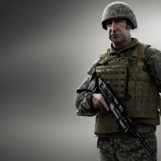 Image similar to Saul Goodman wearing heavy modern military gear and holding a machine gun, highly detailed, 4k