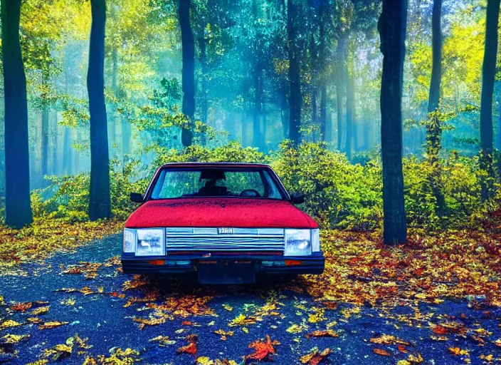 Image similar to Impressionism painting of a an abandoned 1980s taxi car in a forest with falling leaves, dramatic, sunrays