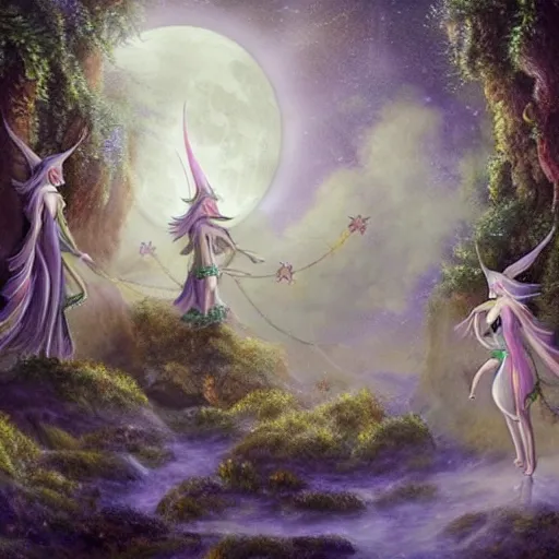 Image similar to elaborate and celestial elves looking marvelous and very etherealistic as they float about poutedly on their little clouds of mystical mist in the ethereal woods under the silvery light of the wicked moon