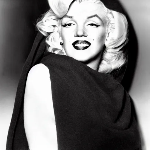 Image similar to marilyn monroe wearing a dark hooded cloak