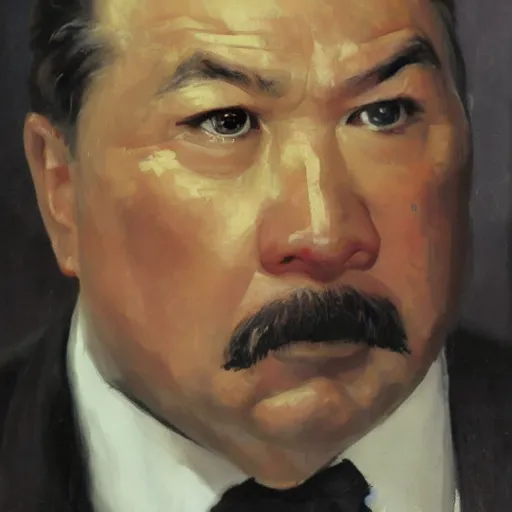 Image similar to portrait of oddjob harold sakata from james bond, detailed face, detailed painting, epic lighting, by ilya repin, phil hale and kent williams