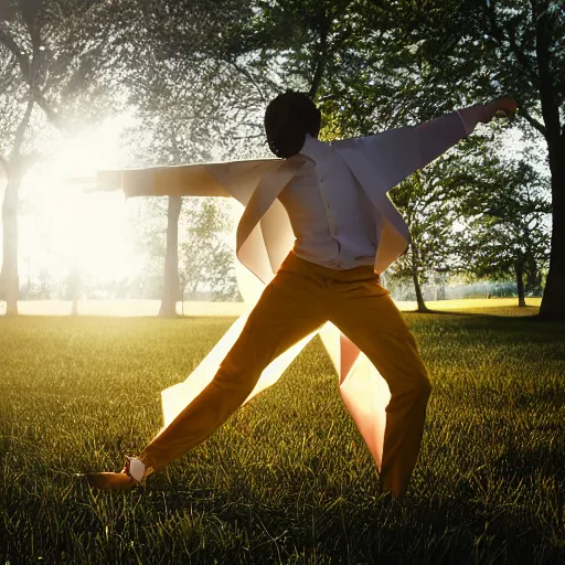 Image similar to a man made of origami dancing, dramatic lighting, with bokeh effect in a sunny meadow