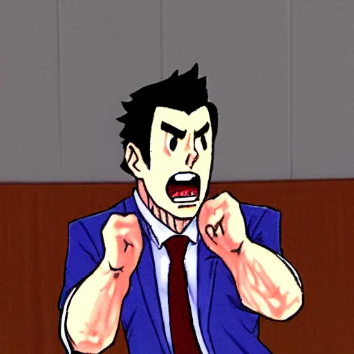 Prompt: phoenix wright yelling, courtroom sketch