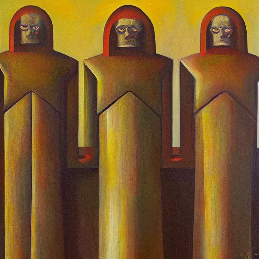 Image similar to three brutalist giant sacred robots visage, portrait, dictator, cathedral, dystopian, pj crook, edward hopper, oil on canvas