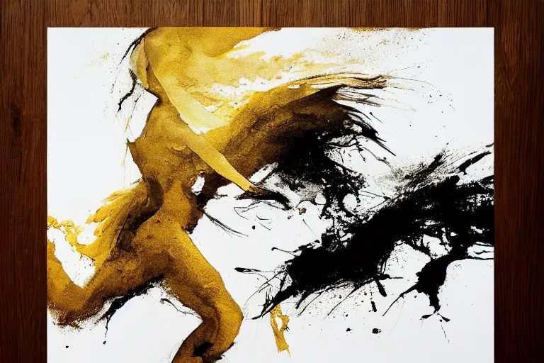 Prompt: beautiful serene running woman, exploration of motion and life, minimalistic golden and ink airbrush painting on white background