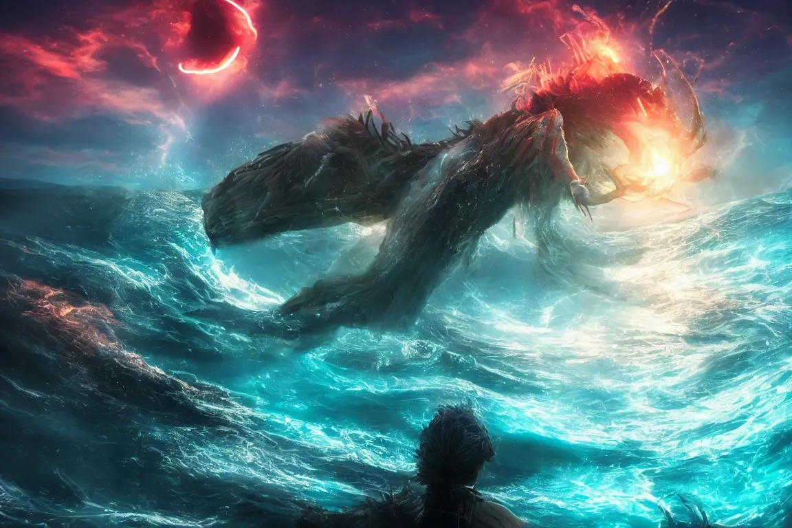 Prompt: colossal shaman god destroying very living thing in the ocean, cast across the night sky, 8 k, ultra realistic, lens flare, atmosphere, glow, detailed, intricate, full of colour, cinematic lighting, trending on artstation, 4 k, hyperrealistic, focused, extreme details, unreal engine 5, cinematic, masterpiece