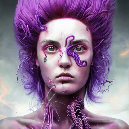 Image similar to art portrait of a furious girl with think, hair-like purple tentacles on her head and bright purple eyes, 8k,by tristan eaton, Stanley Artgermm,Tom Bagshaw,Greg Rutkowski,Carne Griffiths,trending on DeviantArt, face enhance,hyper detailed ,full of colour,