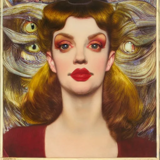 Image similar to portrait of a hybrid of judy garland and lady gaga with marfan syndrome, full lips, downward slanting eyes, with a brown fringe, holman hunt, john william waterhouse, kilian eng, rosetti, john everett millais, william holman hunt, 4 k