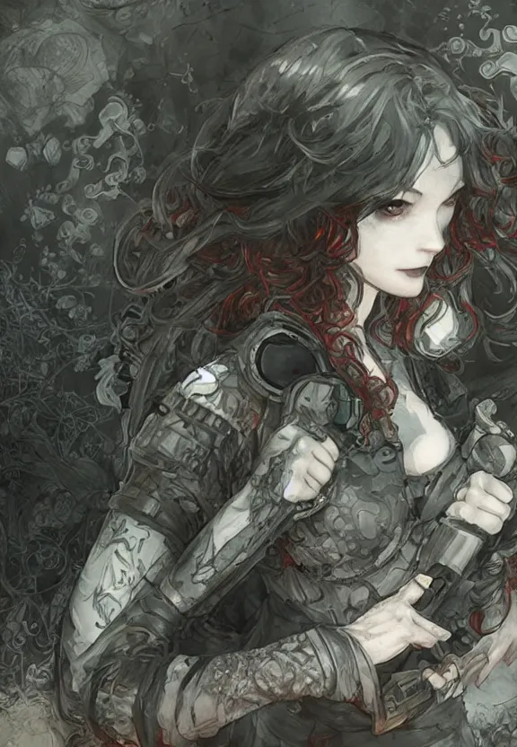 Image similar to christina hendricks!!!!! goth!!!!!, tankoban, 4 k, tone mapping, akihiko yoshida, james jean andrei riabovitchev marc simonetti, yoshitaka amano, long hair, curly, h. hydrochaeri