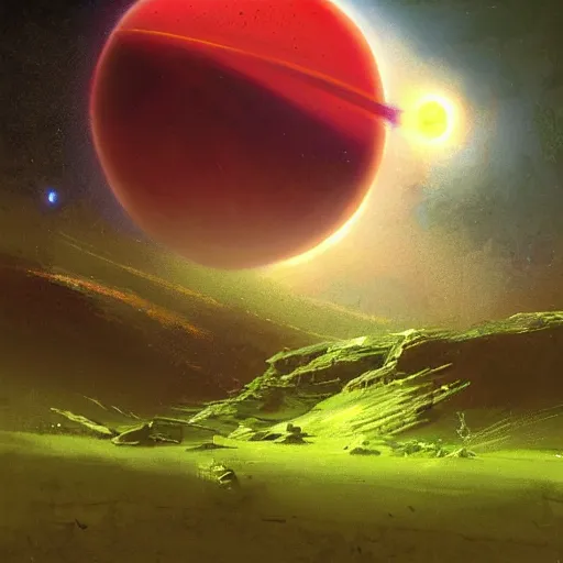 Image similar to an evil red alien space ship shooting a laser at a small lush green planet, craig mullins