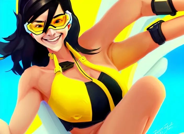 Prompt: style overwatch tracer, a girl with black hair, with a very beautiful symmetrical face, a smile on her face, tanned skin, in a yellow bikini, against the background of a sea beach, in art style, high detail, digital painting