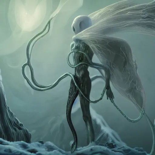 Prompt: screenshot of a chained ethereal ghostly wraith like figure with a squid like parasite latched onto its transparent skull and long tentacle arms that flow lazily but gracefully at its sides like a cloak while it floats around a frozen rocky tundra in the snow searching for lost souls and that hides amongst the frozen underbrush, this character has hydrokinesis and electrokinesis for the resident evil village video game franchise with inspiration from the franchise Bloodborne