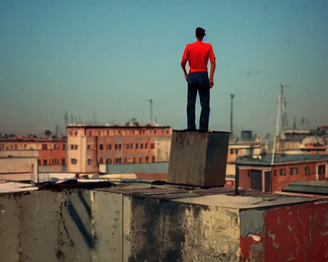 Image similar to lomo photo of man standing on the roof of soviet hrushevka, small town, cinestill, bokeh, out of focus