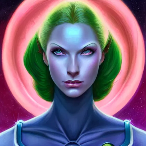 Image similar to Redhead Pleiadian alien human beautiful hybrid feminine woman, with stunning green eyes, cute symmetrical round face and a roundish nose, as a retro futuristic heroine, gorgeous digital painting, artstation, concept art, smooth, sharp focus, illustration, art by artgerm and donato giancola and Joseph Christian Leyendecker, Ross Tran, WLOP