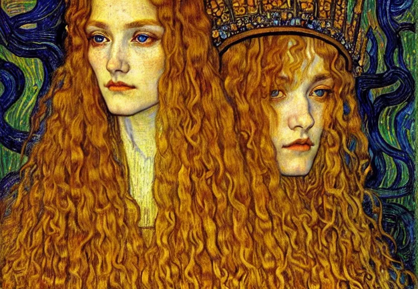 Image similar to detailed realistic beautiful young medieval queen face portrait by jean delville, gustav klimt and vincent van gogh, art nouveau, symbolist, visionary, gothic, pre - raphaelite, muted earthy colors, desaturated