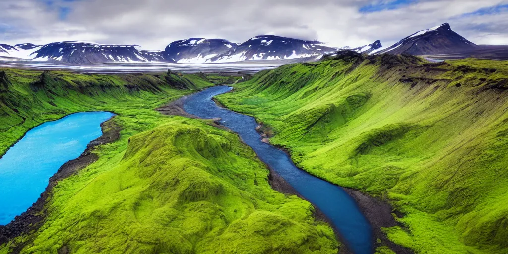 Image similar to drone shot photo of a landscape with mountains, waterfalls, wallpaper, very very wide shot, blue glacier, iceland, new zeeland, green flush moss, national geographic, award landscape photography, professional landscape photography, sunny, day time, beautiful