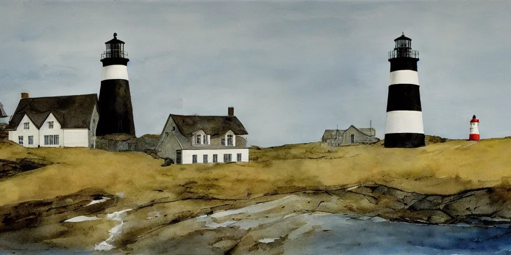 Prompt: a painting by Andrew Wyeth, lighthouse and house in front of the sea, artstation